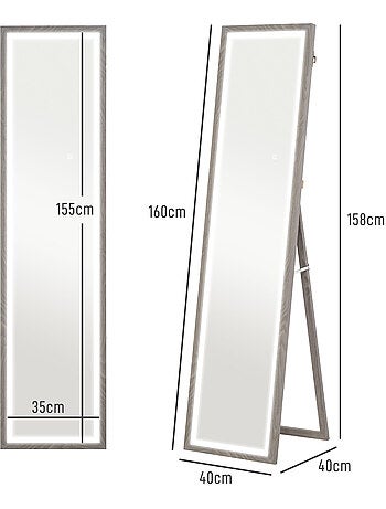 Grand miroir led pleine longueur 40 x 160 cm autoportant ou à fixer réglable effet bois