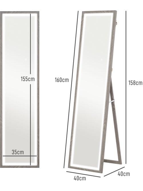 Grand miroir led pleine longueur 40 x 160 cm autoportant ou à fixer réglable effet bois - Kiabi