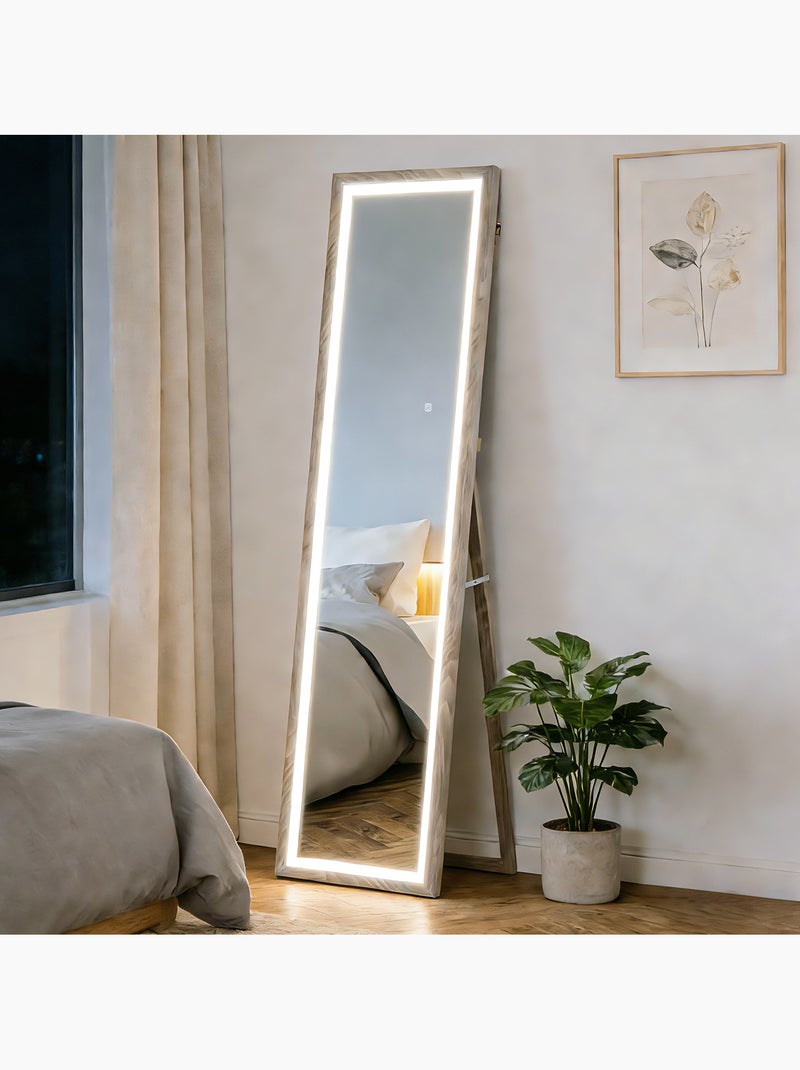 Grand miroir led pleine longueur 40 x 160 cm autoportant ou à fixer réglable effet bois Gris - Kiabi