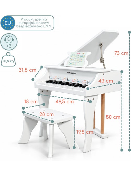 Grand piano blanc bois enfant 30 touches tabour et pupitre musique mamabrum - Kiabi