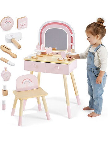 Grande coiffeuse bois enfant miroir led tactile chaise accessoires mamabrum