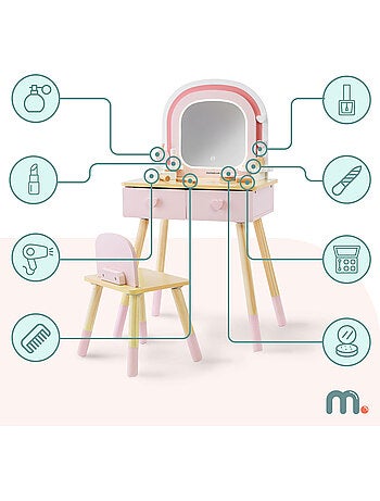 Grande coiffeuse bois enfant miroir led tactile chaise accessoires mamabrum