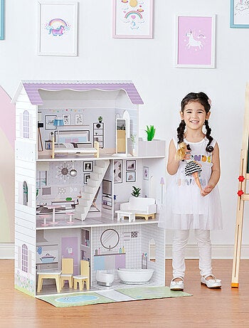 Grande maison de poupée en bois 3 étages 16 accessoires meubles enfant