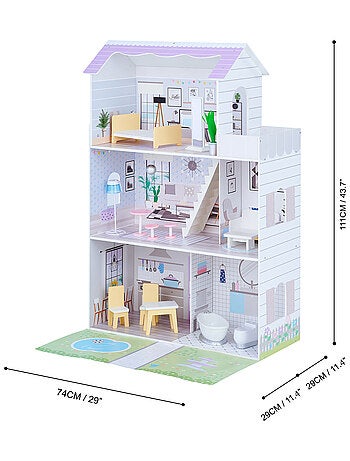 Grande maison de poupée en bois 3 étages 16 accessoires meubles enfant