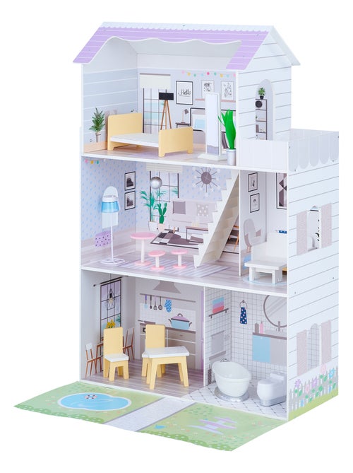 Grande maison de poupée en bois 3 étages 16 accessoires meubles enfant - Kiabi