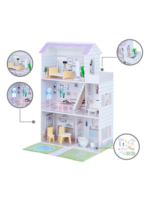 Grande maison de poupée en bois 3 étages 16 accessoires meubles enfant - Kiabi
