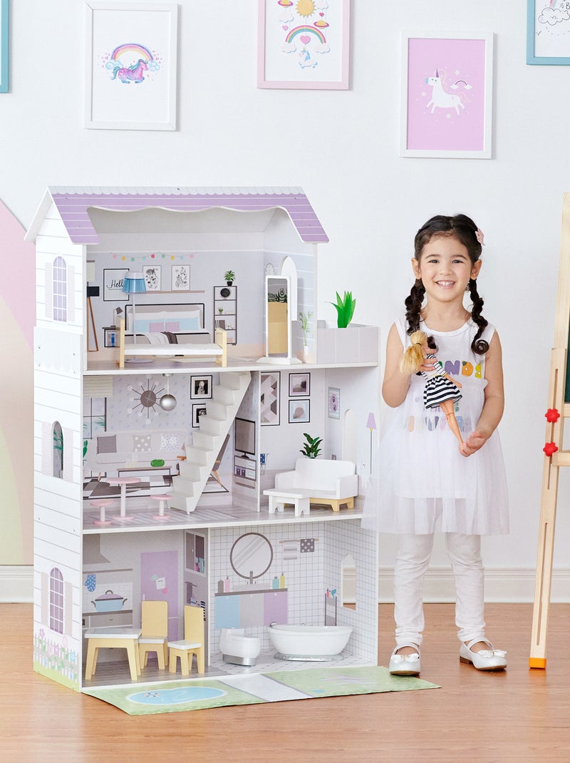 Grande maison de poupée en bois 3 étages 16 accessoires meubles enfant Blanc Mauve - Kiabi