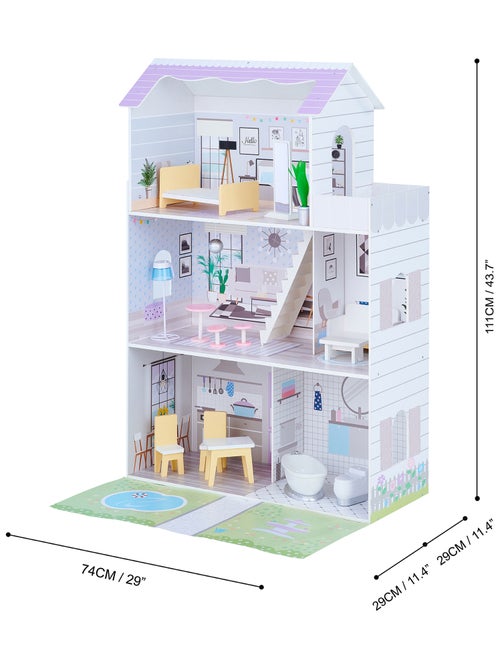 Grande maison de poupée en bois 3 étages 16 accessoires meubles enfant - Kiabi