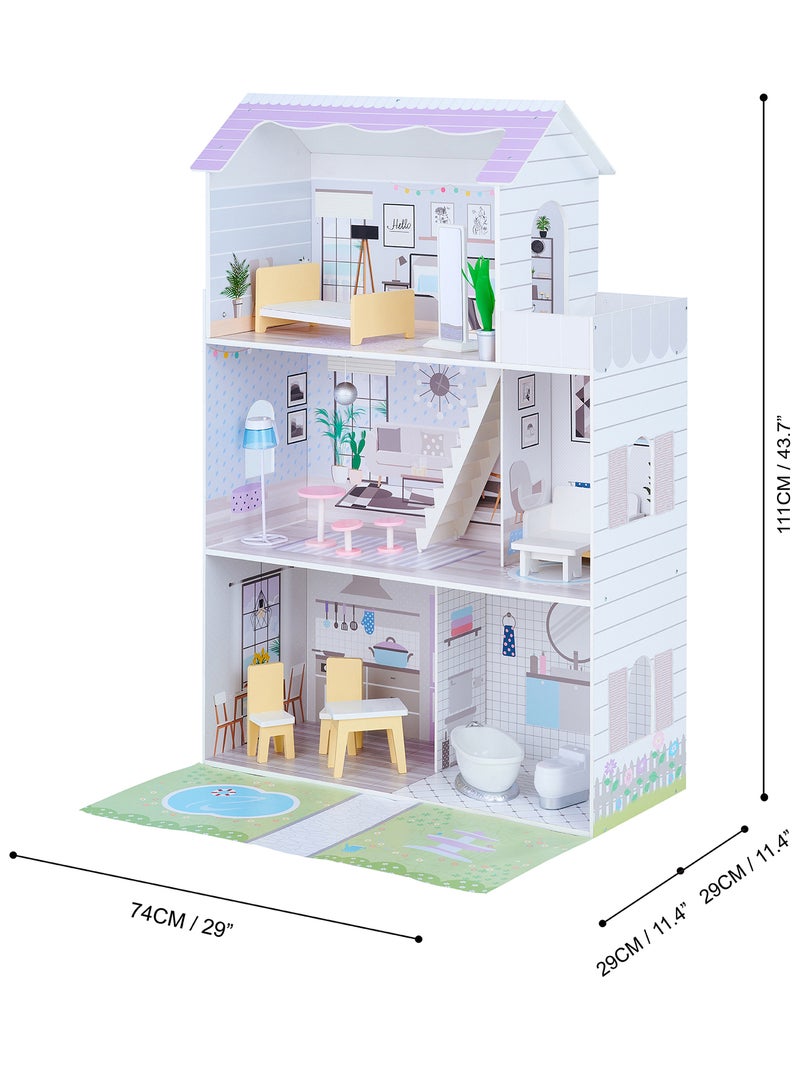 Grande maison de poupée en bois 3 étages 16 accessoires meubles enfant Blanc Mauve - Kiabi