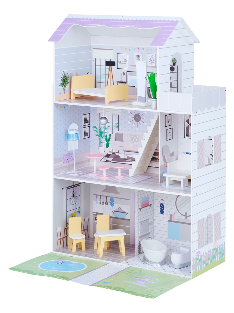 Maison de poupée avec mobilier et 3 poupées en bois - Maison de poupée -  Achat & prix