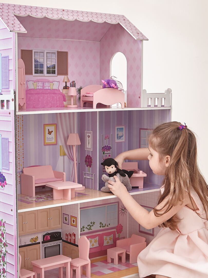 Grande Maison de poupée en bois Rose 13 accessoires enfant