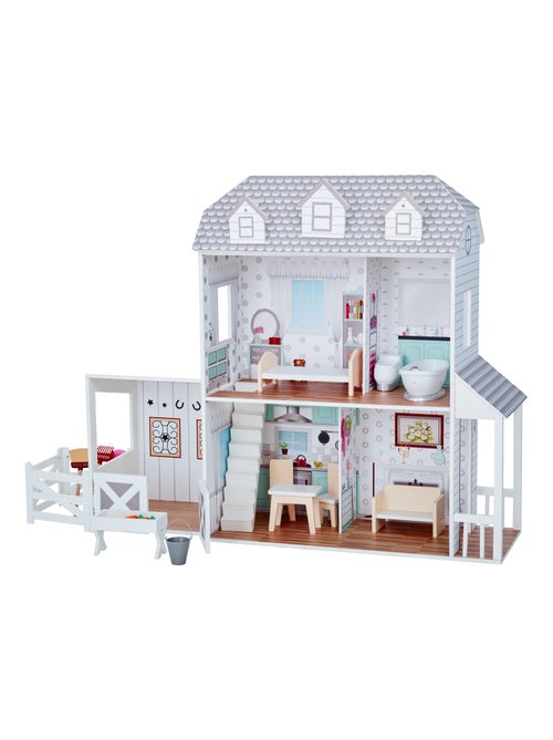 Grande maison de poupée ferme 14 accessoires meubles de poupée gris blanc enfant - Kiabi