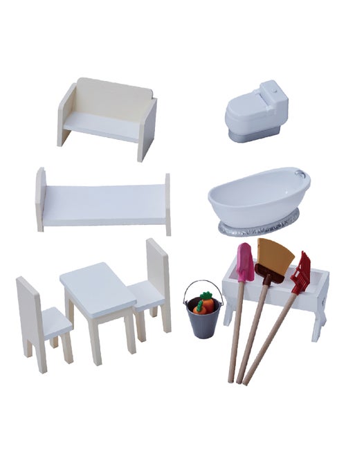 Grande maison de poupée ferme 14 accessoires meubles de poupée gris blanc enfant - Kiabi