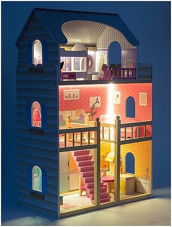 Grande maison de poupées bois 3 étages avec LED Mamabrum