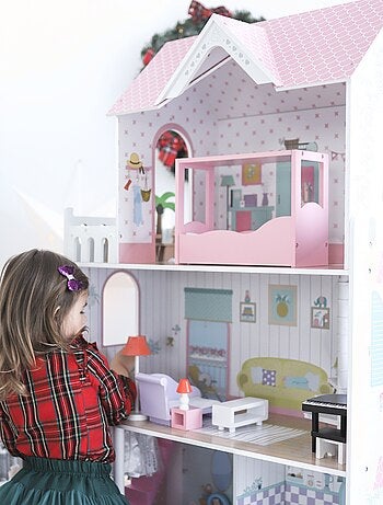 Grande Maison de Poupées en Bois pour Enfants, Éclairage LED 123 x 34 x 114 cm 3 Étages, Terrasse