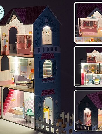 Grande Maison de Poupées en Bois pour Enfants, Éclairage LED 123 x 34 x 114 cm 3 Étages, Terrasse