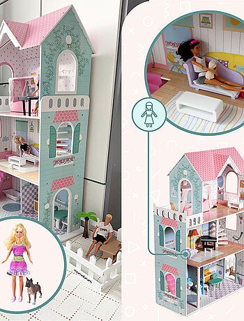 Grande Maison de Poupées en Bois pour Enfants, Éclairage LED 123 x 34 x 114 cm 3 Étages, Terrasse