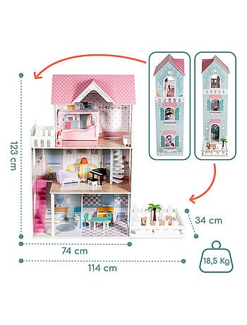 Grande Maison de Poupées en Bois pour Enfants, Éclairage LED 123 x 34 x 114 cm 3 Étages, Terrasse