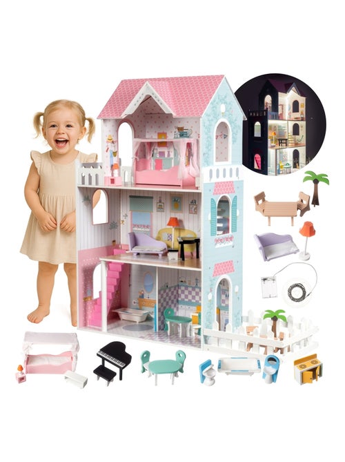 Grande Maison de Poupées en Bois pour Enfants, Éclairage LED 123 x 34 x 114 cm 3 Étages, Terrasse - Kiabi
