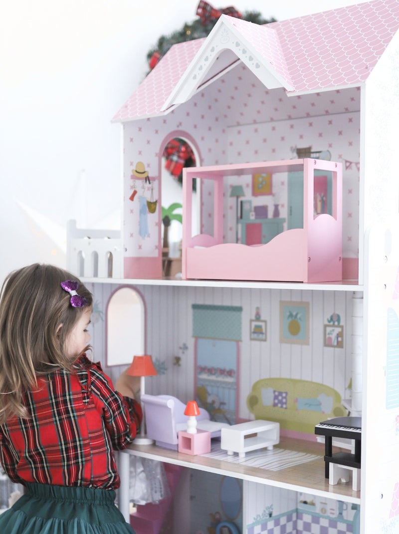 Grande Maison de Poupées en Bois pour Enfants, Éclairage LED 123 x 34 x 114 cm 3 Étages, Terrasse N/A - Kiabi