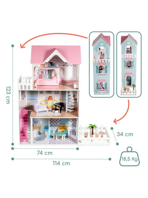Grande Maison de Poupées en Bois pour Enfants, Éclairage LED 123 x 34 x 114 cm 3 Étages, Terrasse - Kiabi