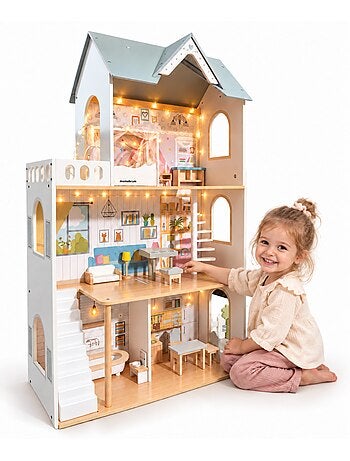 Grande maison poupées bois enfant 3 etages jardin led meubles mamabrum
