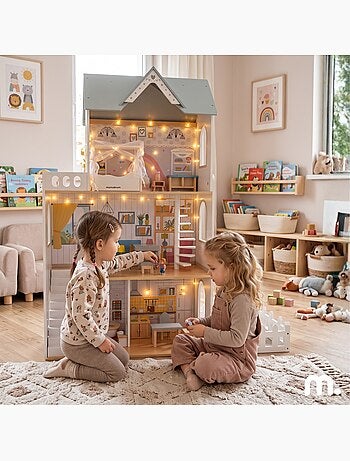 Grande maison poupées bois enfant 3 etages jardin led meubles mamabrum