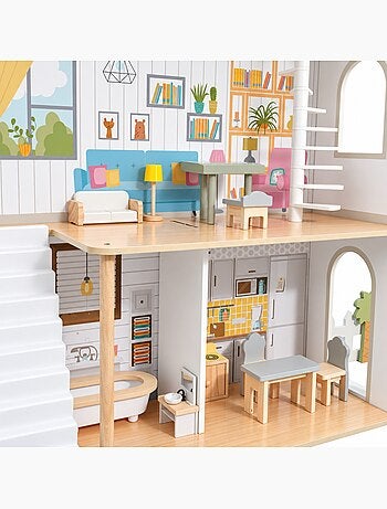 Grande maison poupées bois enfant 3 etages jardin led meubles mamabrum