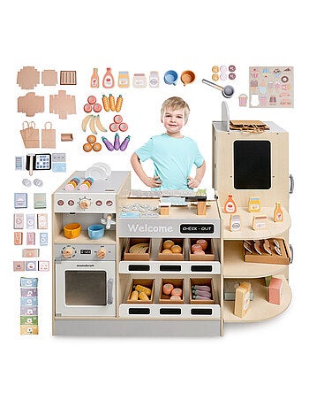 Grande Marchande Enfant Bois avec fast food - Corner shop + Machine à café