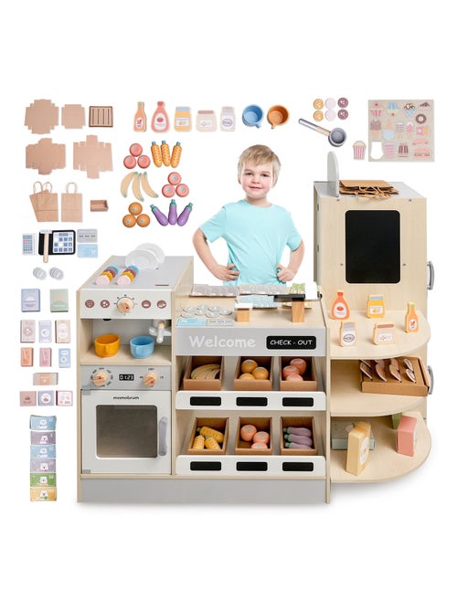 Grande Marchande Enfant Bois avec fast food - Corner shop + Machine à café - Kiabi Grande Marchande Enfant Bois avec fast food - Corner shop + Machine à café - Kiabi