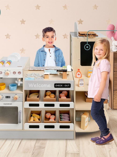 Grande Marchande Enfant Bois avec fast food - Corner shop + Machine à café - Kiabi Grande Marchande Enfant Bois avec fast food - Corner shop + Machine à café - Kiabi