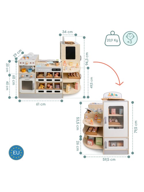 Grande Marchande Enfant Bois avec fast food - Corner shop + Machine à café - Kiabi Grande Marchande Enfant Bois avec fast food - Corner shop + Machine à café - Kiabi