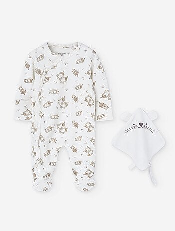 Grenouillère en coton peigné à motif + doudou