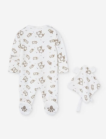 Grenouillère en coton peigné à motif + doudou