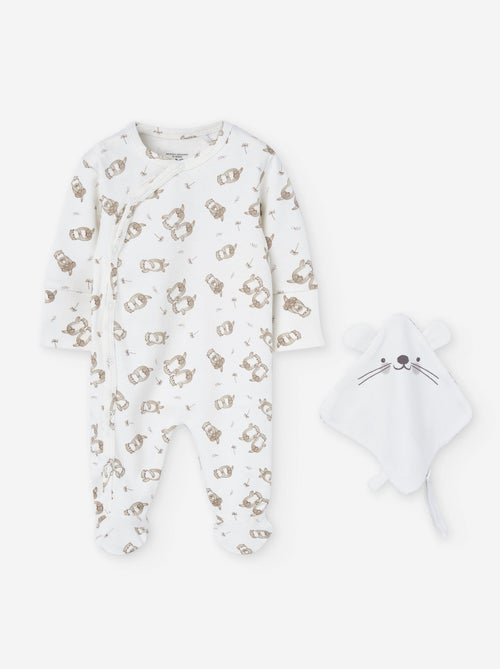 Grenouillère en coton peigné à motif + doudou - Kiabi