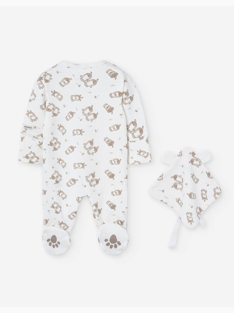 Grenouillère en coton peigné à motif + doudou Blanc Ecru - Kiabi