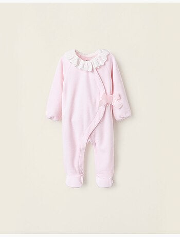 Grenouillère en Velours avec Nœud et Broderie Anglaise