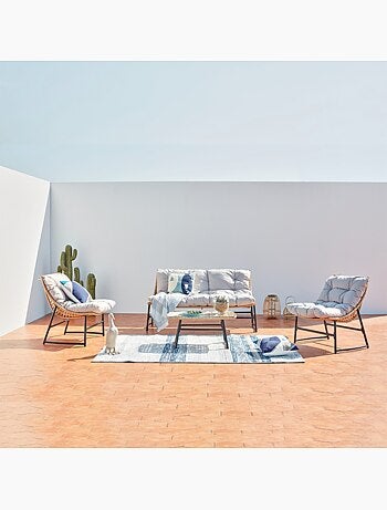 GUAHANA Salon de jardin bas 4 places en résine rotin & acier