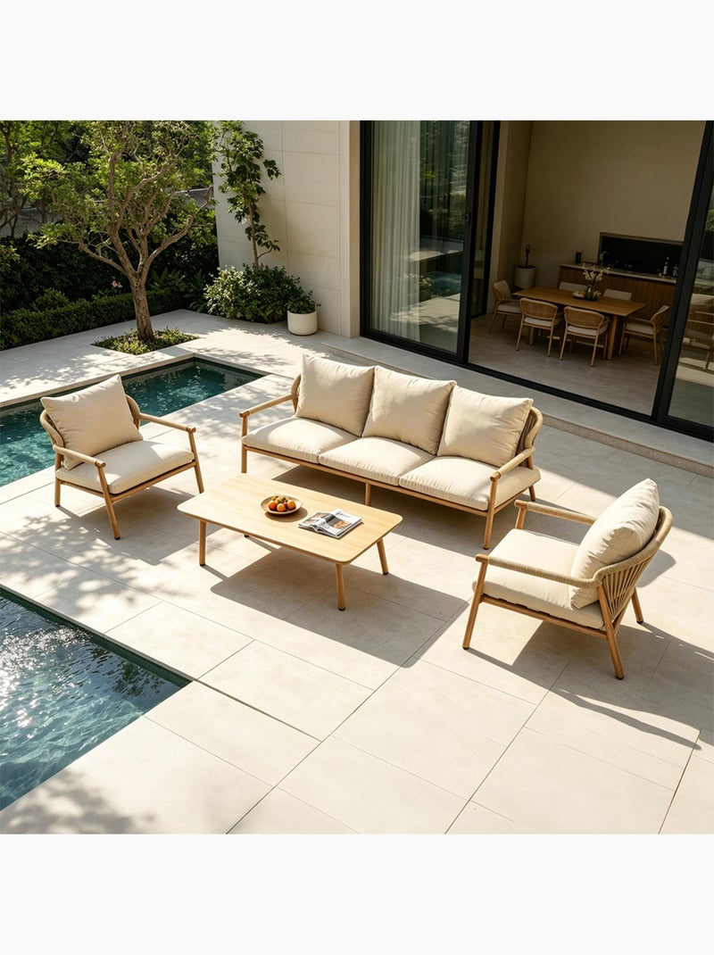 GUARDA Salon de jardin 5 places effet bois et corde tressée + table basse Beige - Kiabi
