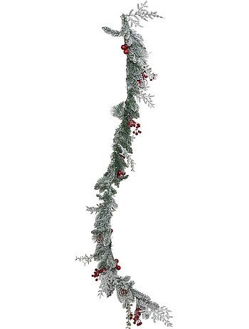Guirlande floquée baies rouges long 1,8m blanc