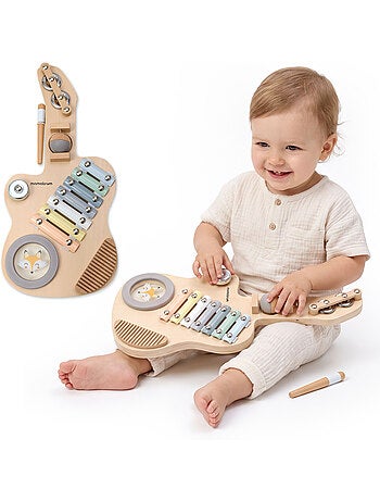 Guitare sensorielle bois enfant carillon tambour râpe baguette mamabrum