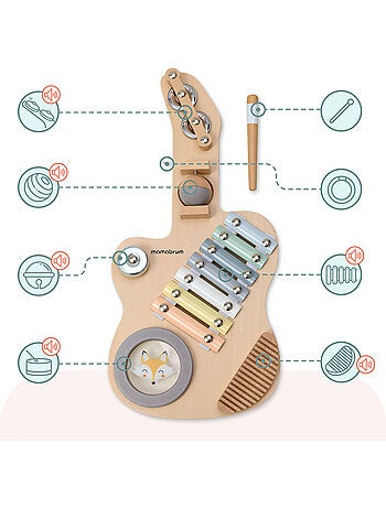 Guitare sensorielle bois enfant carillon tambour râpe baguette mamabrum