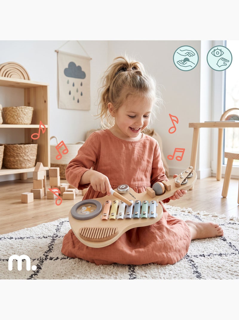 Guitare sensorielle bois enfant carillon tambour râpe baguette mamabrum N/A - Kiabi