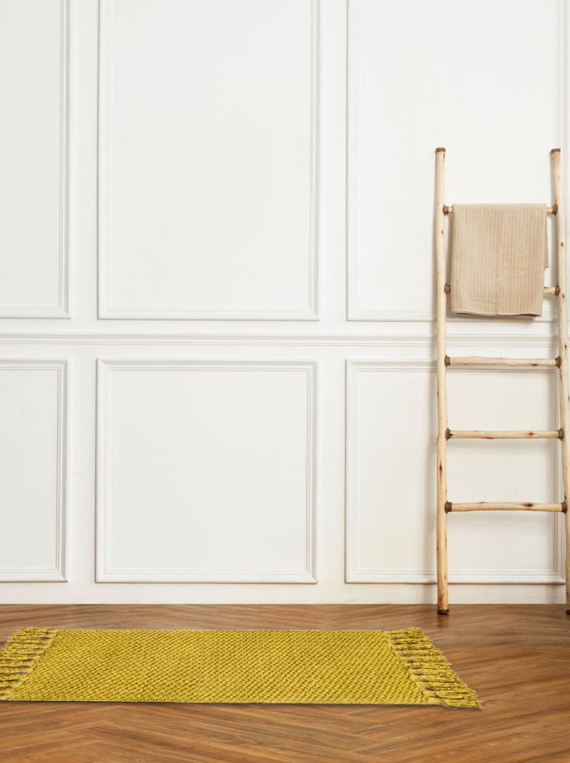Guy Levasseur - Tapis de bain déco uni à pompons en coton chenille Jaune moutarde - Kiabi