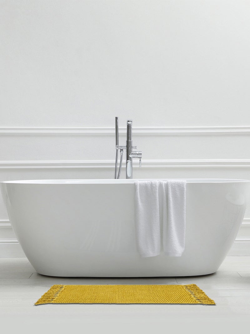 Guy Levasseur - Tapis de bain déco uni à pompons en coton chenille Jaune moutarde - Kiabi