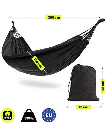 Hamac Suspendu de jardin bohème gris 200 x 150 avec Housse de Transport - Charge 100 kg