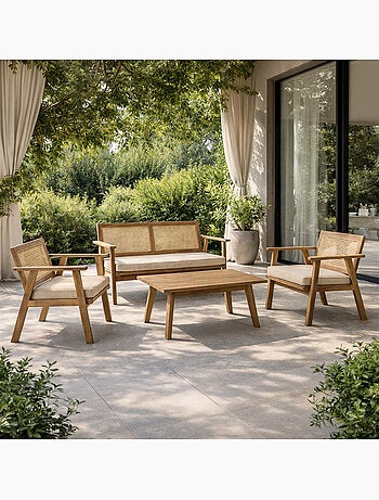 HANOI Salon de jardin 4 places en acacia et cannage
