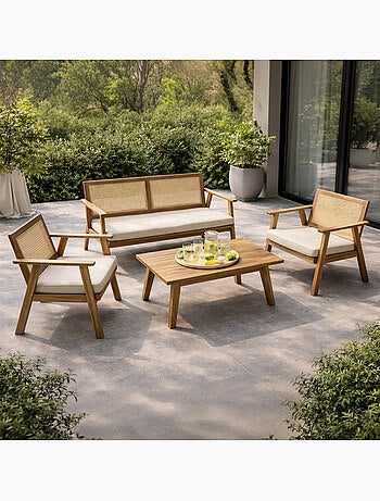 HANOI Salon de jardin 4 places en acacia et cannage