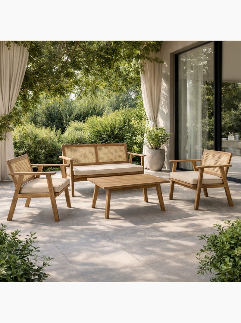 HANOI Salon de jardin 4 places en acacia et cannage Marron - Kiabi
