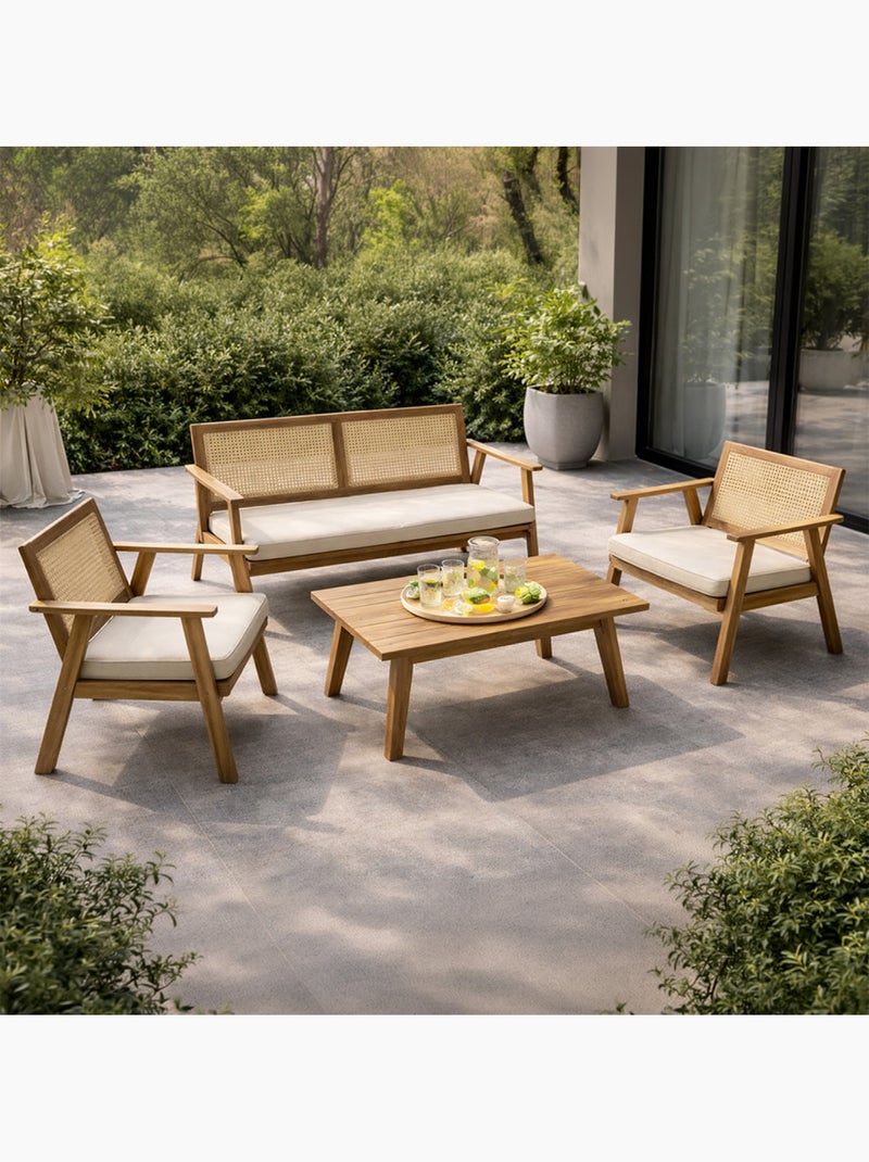 HANOI Salon de jardin 4 places en acacia et cannage Marron - Kiabi